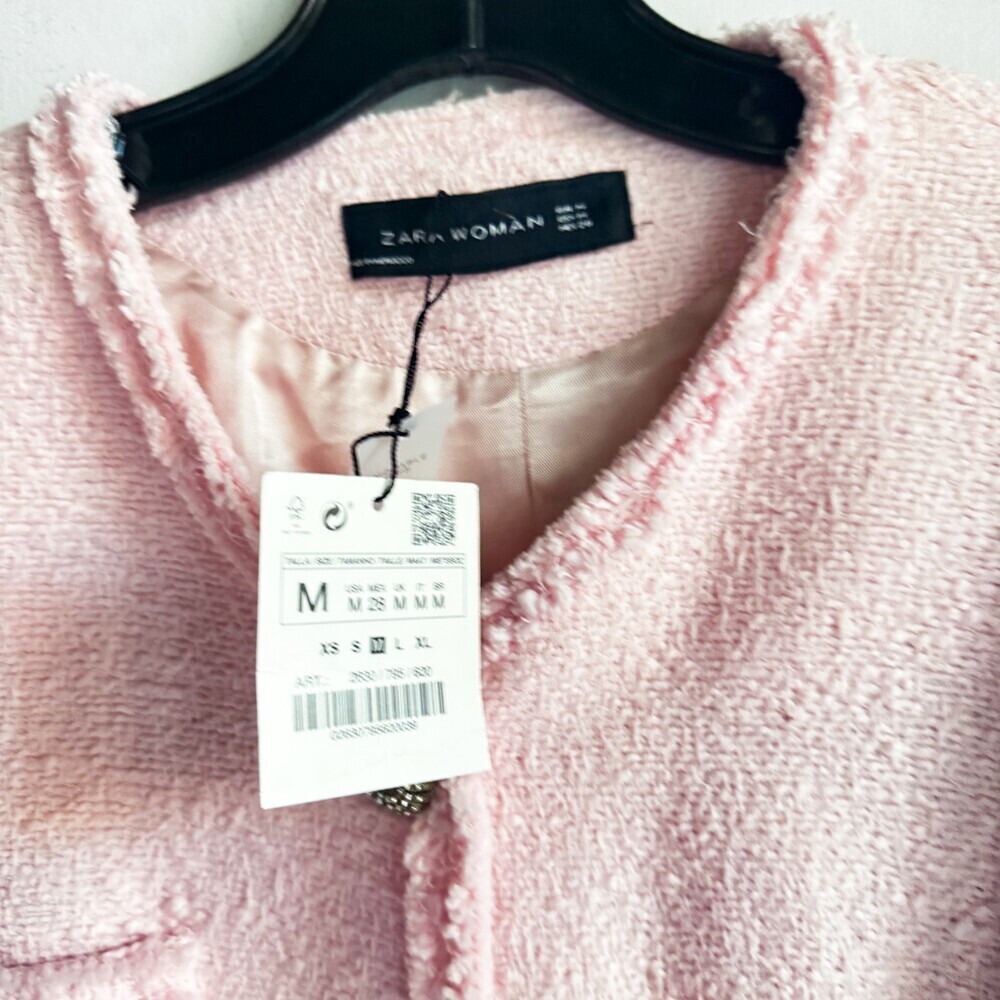 Zara Pink Tweed Textured Rhinestone Button Jacket M - Picture 5 of 7